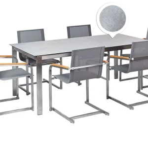 Set da giardino vetro grigio e sedie grigie 6 posti 180 cm COSOLETO