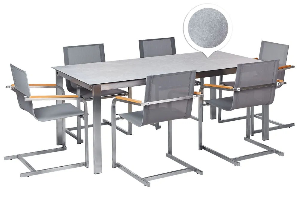 Set da giardino vetro grigio e sedie grigie 6 posti 180 cm COSOLETO