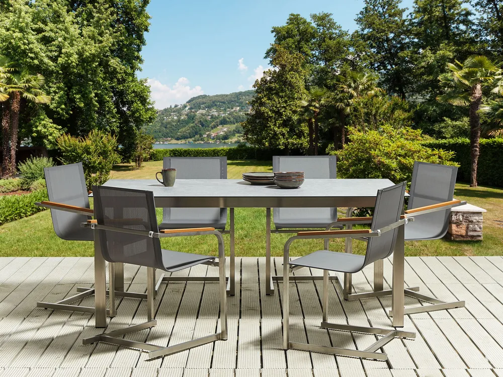 Set da giardino vetro grigio e sedie grigie 6 posti 180 cm COSOLETO