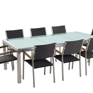 Set tavolo e sedie da giardino vetro temperato bianco e rattan tavolo 220 con 8 sedie GROSSETO