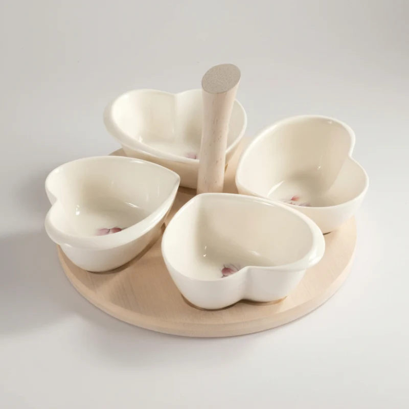 Antipastiera Quadrifoglio con 4 Ciotole Cuore Porcellana e Legno
