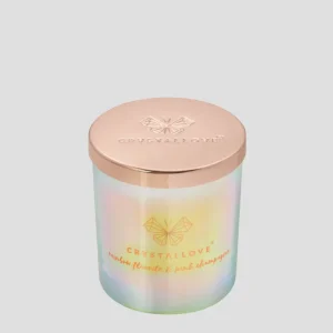 Candela di soia con fluorite arcobaleno e champagne rosa contenitore di vetro Crystallove