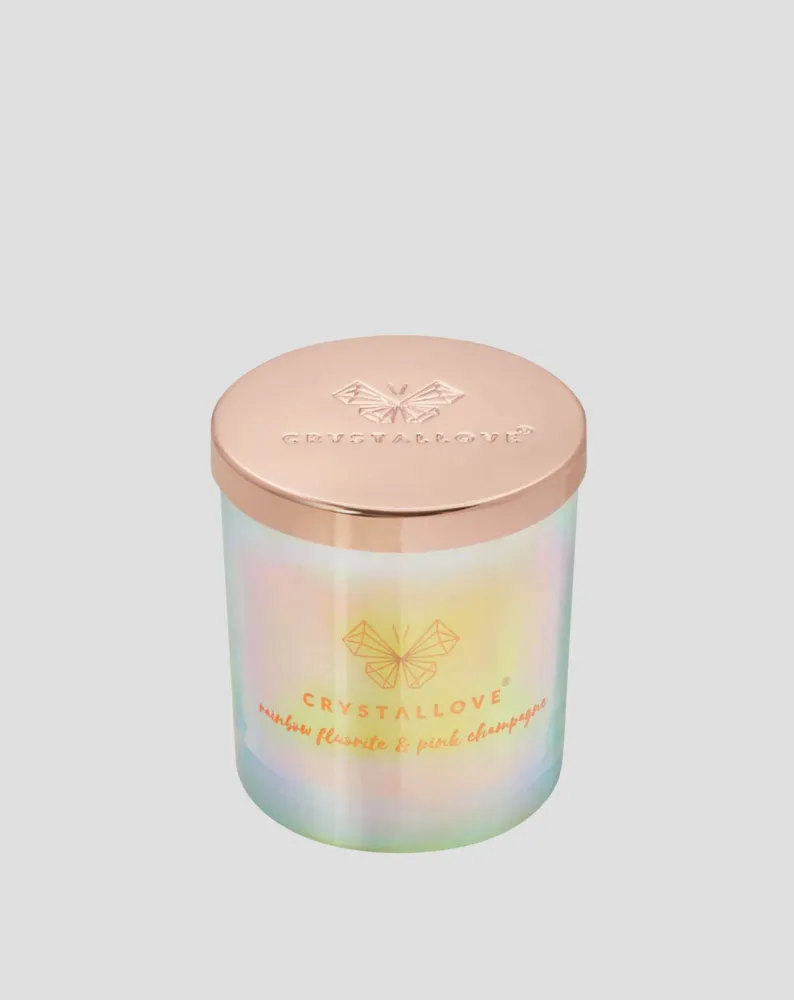 Candela di soia con fluorite arcobaleno e champagne rosa contenitore di vetro Crystallove