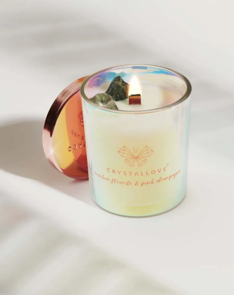 Candela di soia con fluorite arcobaleno e champagne rosa contenitore di vetro Crystallove
