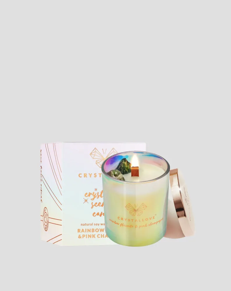 Candela di soia con fluorite arcobaleno e champagne rosa contenitore di vetro Crystallove