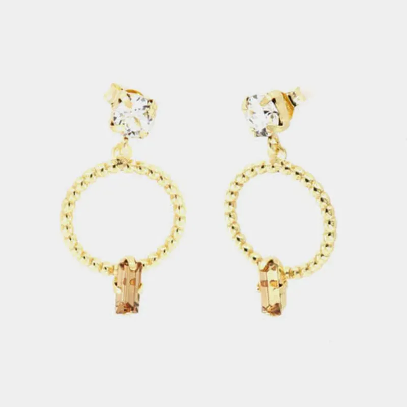 Orecchini Argento 925 con punto luce bianco lobo e cerchio pendente con cristallo champagne