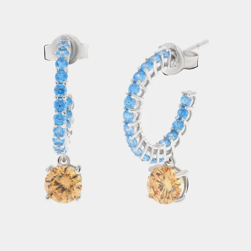 Orecchini Argento 925 con zirconi celesti e zircone pendente champagne