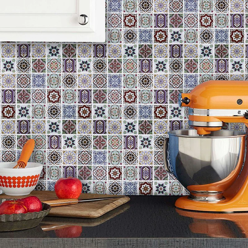Set di pannelli per carta da parati con piastrelle fiori viola, stacca e incolla l'arte della parete per la cucina, 12' x 12"