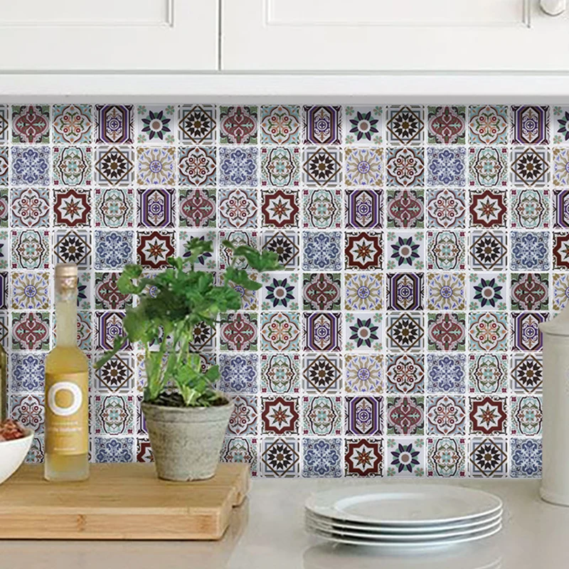 Set di pannelli per carta da parati con piastrelle fiori viola, stacca e incolla l'arte della parete per la cucina, 12' x 12"