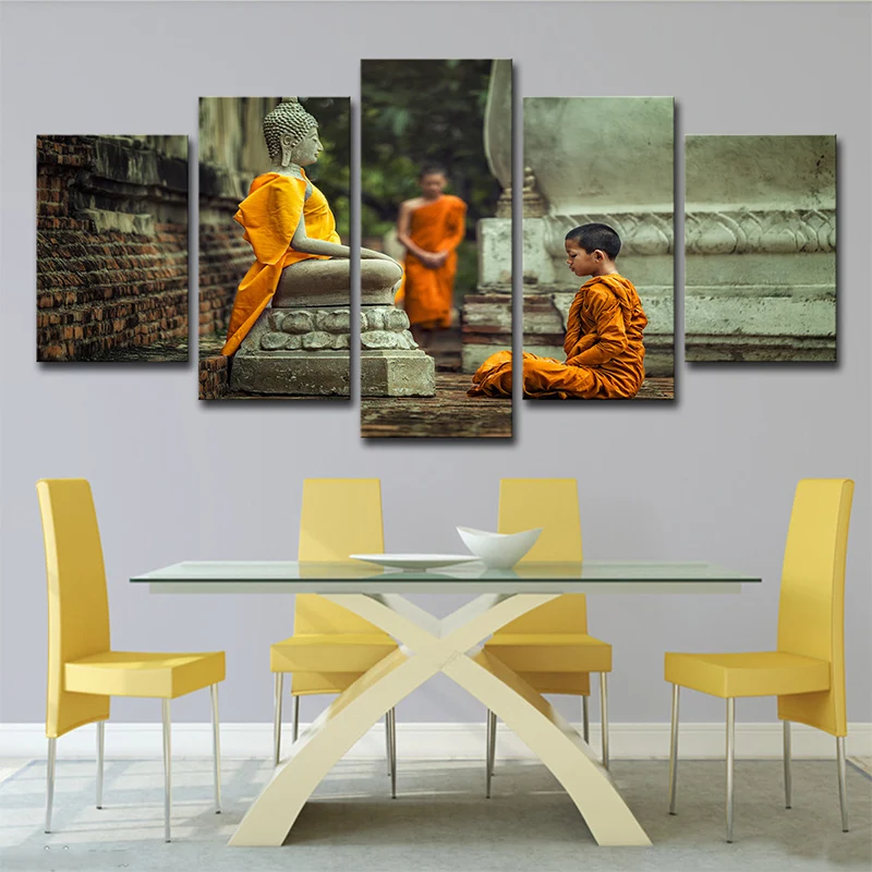 Stampa su tela gialla meditazione con ragazzo buddista, decorazione da parete contemporanea per sala da pranzo