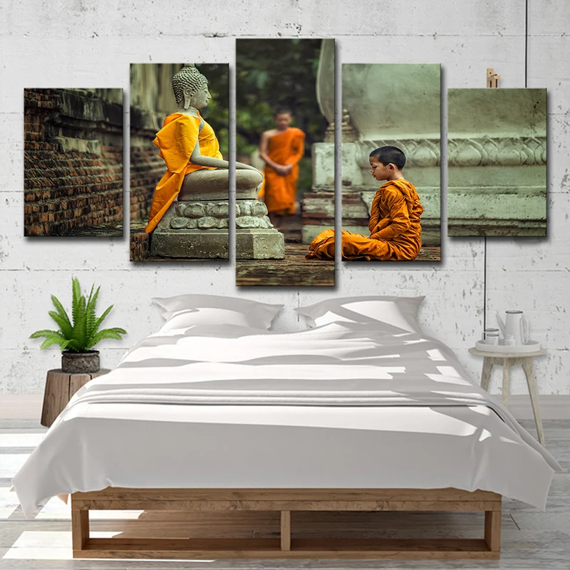 Stampa su tela gialla meditazione con ragazzo buddista, decorazione da parete contemporanea per sala da pranzo