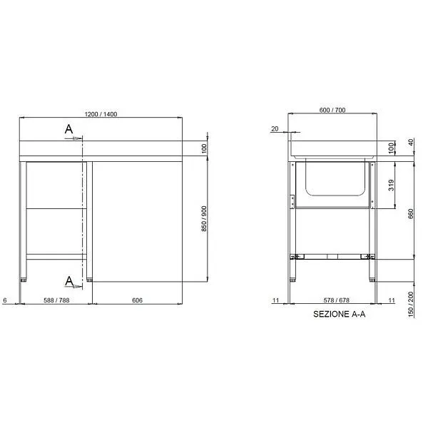 Lavello Vaiotec TOPLINE center 700 / 1 vasca destra piano di lavoro spessore 40 mm 120x70x85 cm 10517
