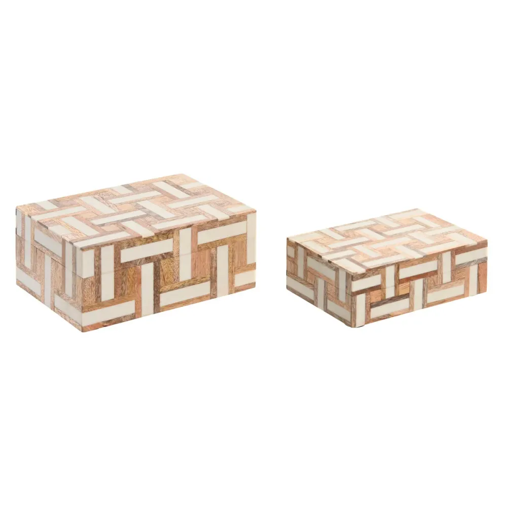 Scatola-Portagioie Home ESPRIT Bianco Naturale Resina Legno di mango 18 x 13 x 7,5 cm (2 Pezzi)