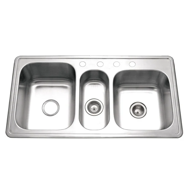 Houzer - PGT-4322-C - Premier Series 41" Stainless Steel Drop- Topmount Triplo Bowl 4-hole Kitchen Sink
