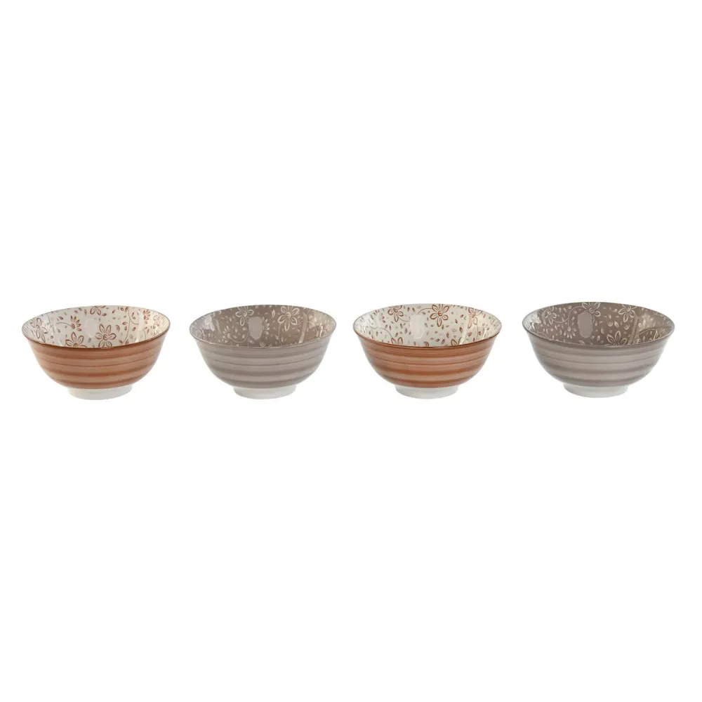 Set di Ciotole Home ESPRIT Marrone Sabbia Porcellana Fiori Shabby Chic 15 x 15 x 7 cm
