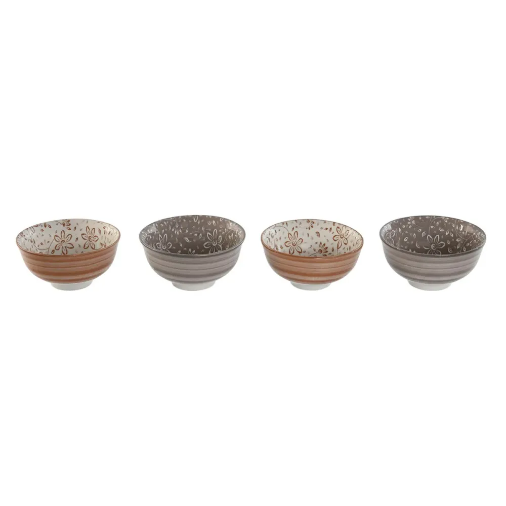 Set di Ciotole Home ESPRIT Marrone Sabbia Porcellana Fiori Shabby Chic 11,5 x 11,5 x 6 cm