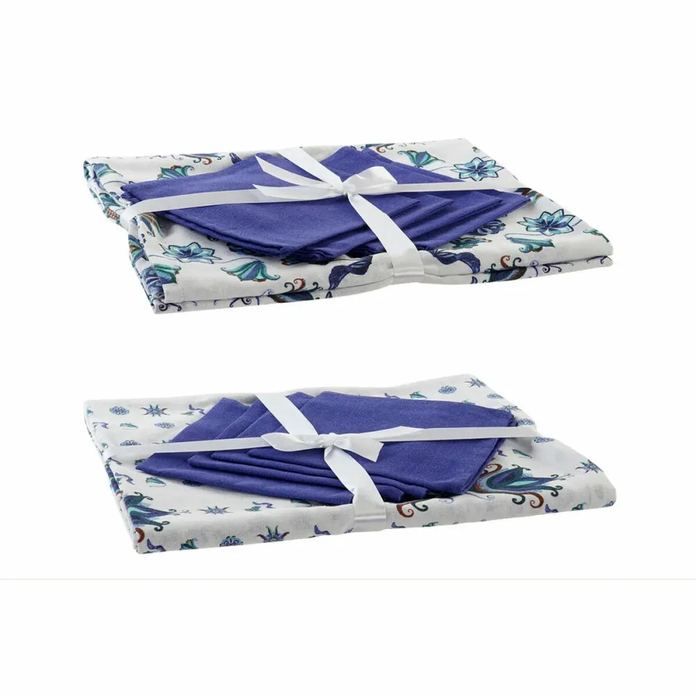 Tovaglia e tovaglioli DKD Home Decor Azzurro Bianco 150 x 150 x 0,5 cm (2 Unità) con Motivo Decorativo