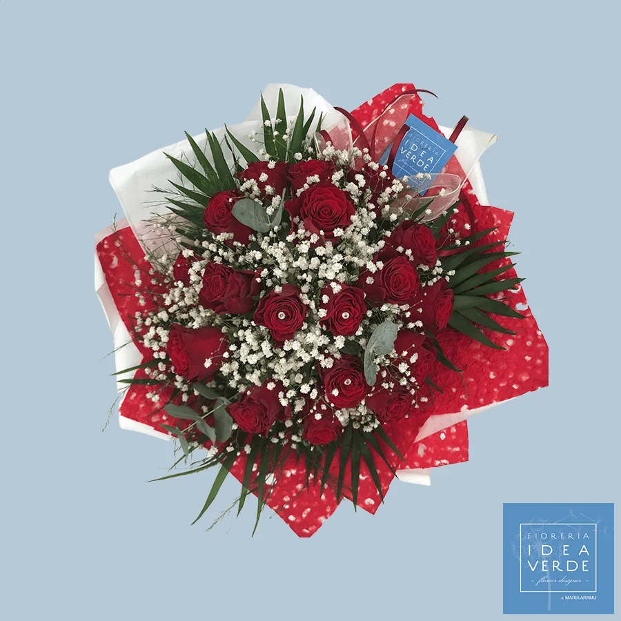 Bouquet Mazzo con 18 Rose Rosse Gypsophila