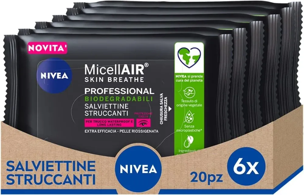 NIVEA MicellAir Professional Salviettine Struccanti Confezione da 6 x 20 Pezzi, Salviette Struccanti per Trucco Waterproof...