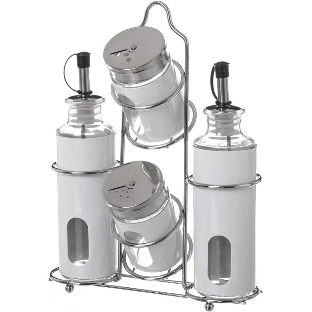 Set Oliera 4 Pezzi Olio Aceto Sale Pepe Acciaio Stand Metallo Portaspezie