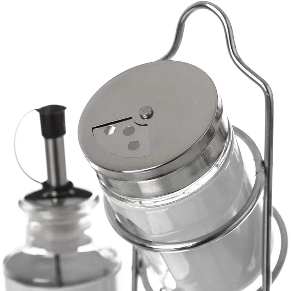 Set Oliera 4 Pezzi Olio Aceto Sale Pepe Acciaio Stand Metallo Portaspezie