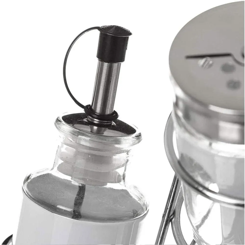 Set Oliera 4 Pezzi Olio Aceto Sale Pepe Acciaio Stand Metallo Portaspezie
