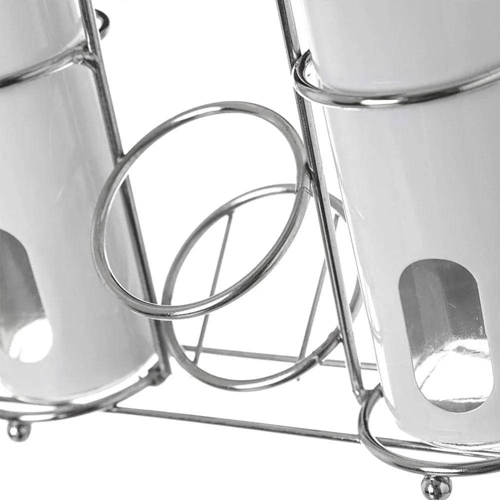 Set Oliera 4 Pezzi Olio Aceto Sale Pepe Acciaio Stand Metallo Portaspezie