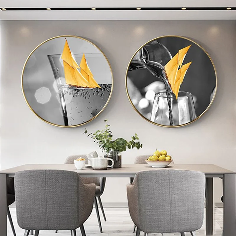 Decorazione da parete su tela per sala da pranzo, dipinto su bicchiere di vino grigio strutturato