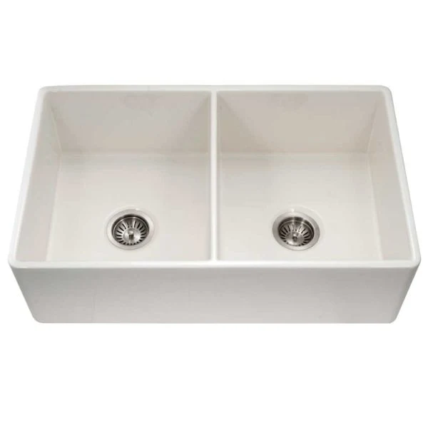 Hamat - CHE-3320DHA-BQ - Apron-Front Fireclay Gemello Bowl Kitchen Sink, Biscuit
