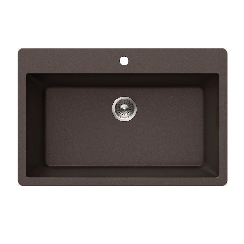 Houzer Quartztone Series 33" Granite Topmount Mono Bowl Kitchen Sink, V-300 MOCHA