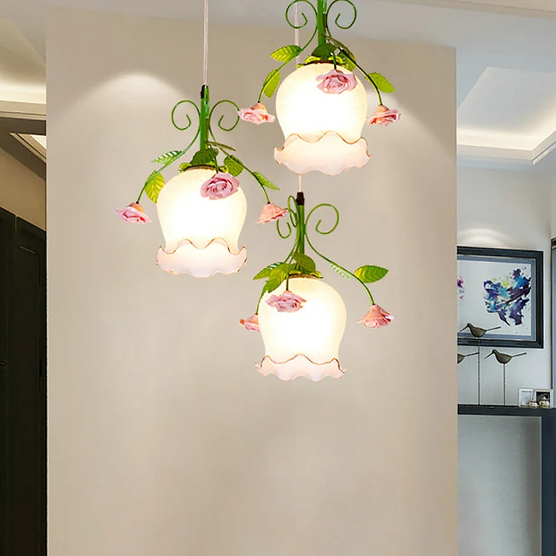 Lampada sospensione grappolo vetro opale stile pastorale 3 luci per sala da pranzo verde con baldacchino rotondo/lineare
