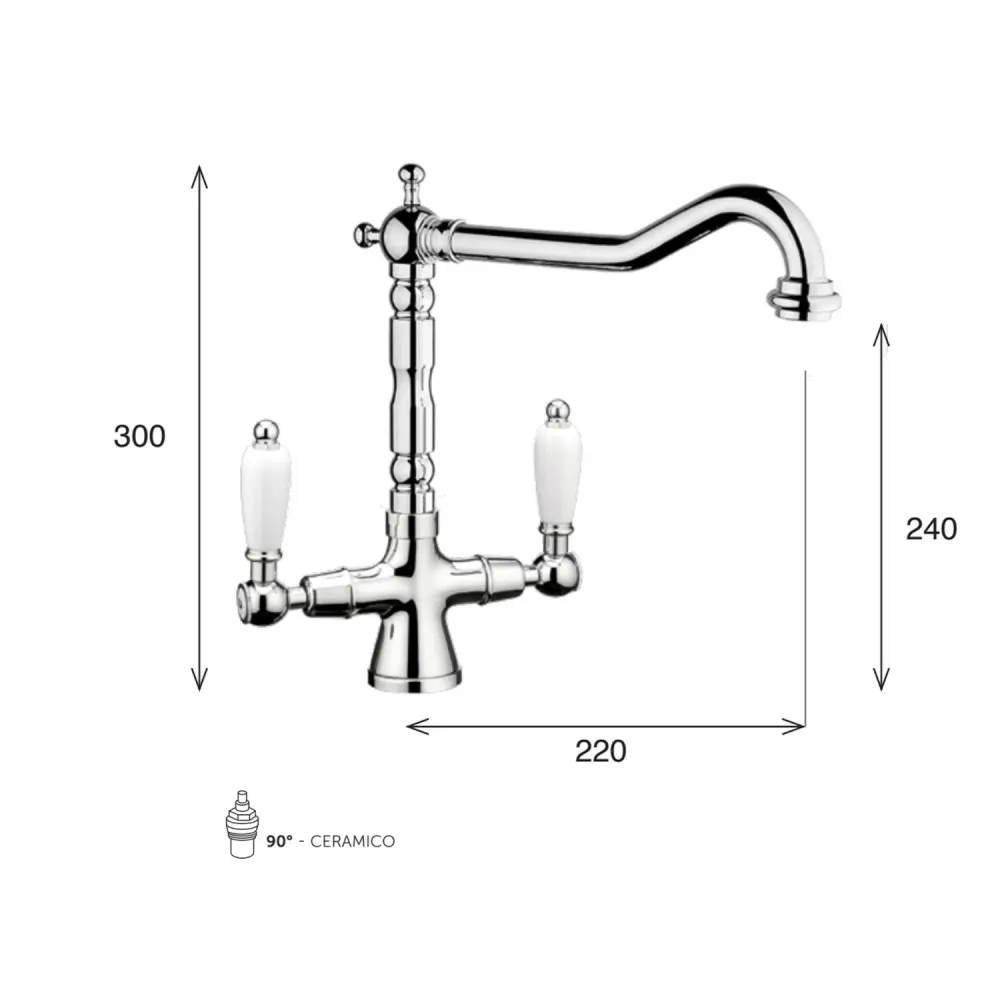 Miscelatore cucina bocca antica ottone cromato con manici bianchi modello King Keller taps