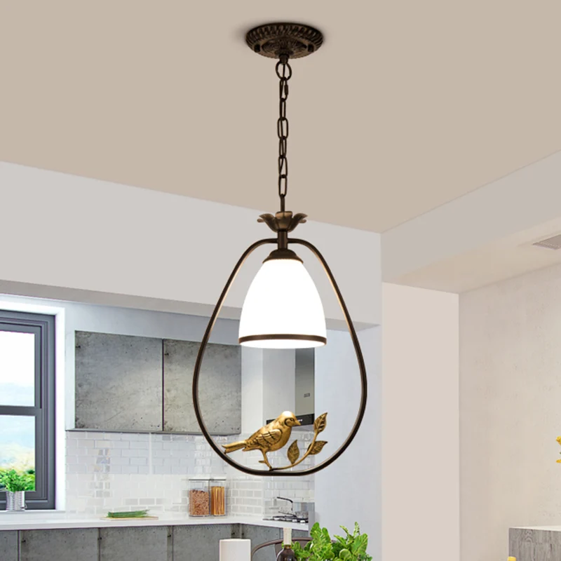 Plafoniera Bell vetro soffiato mano, lampada sospensione retrò per sala da pranzo singola con decorazioni di uccelli e ram...