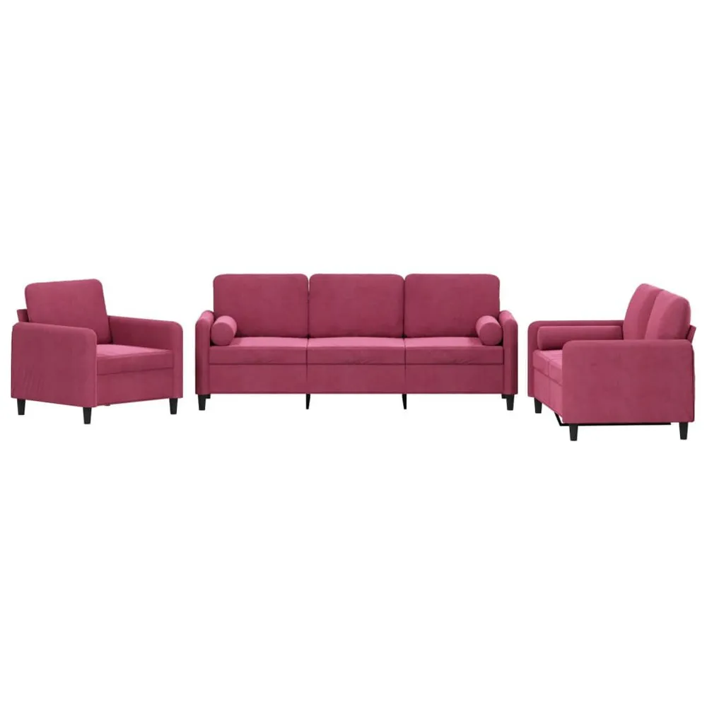 Set di Divani 3 pz con Cuscini Rosso Vino Velluto