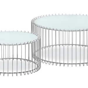 Set di 2 tavolini universo vetro bianco e metallo grigio