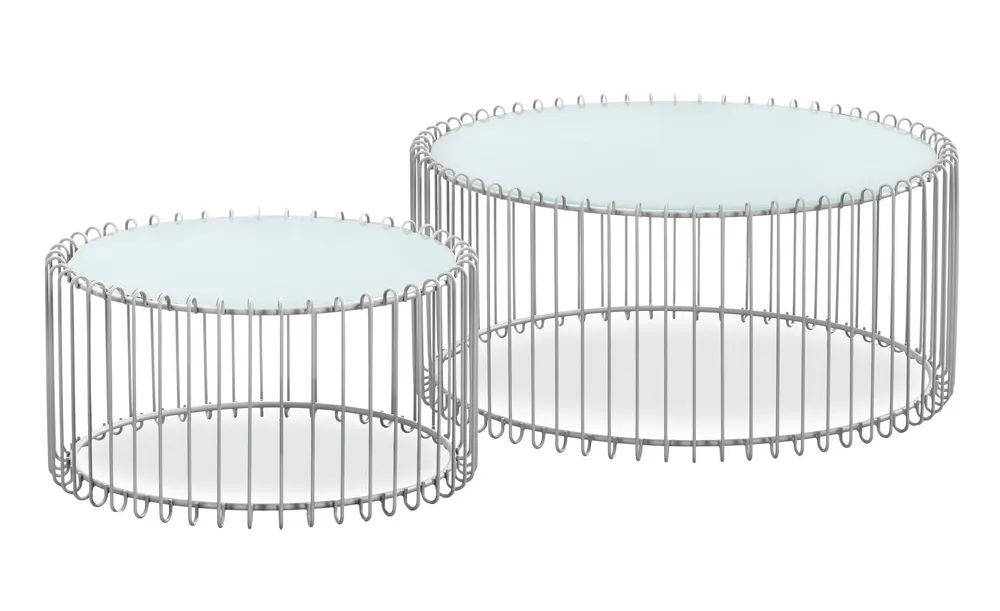 Set di 2 tavolini universo vetro bianco e metallo grigio