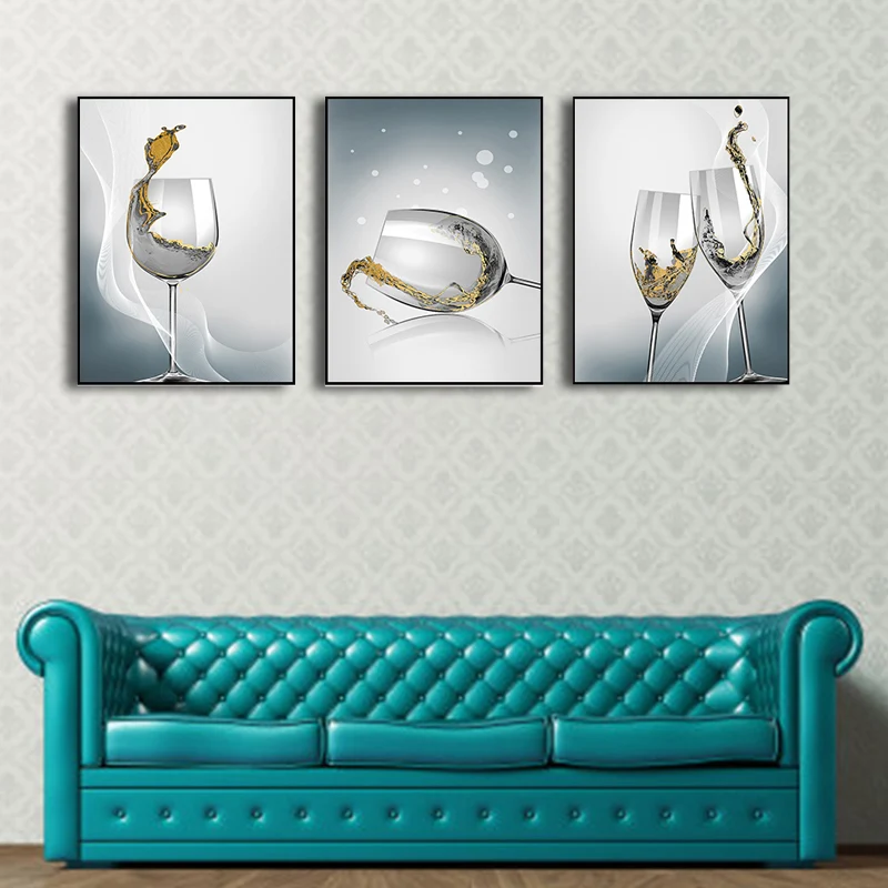 Stampa su tela moderna per la sala da pranzo, con bicchieri da vino, decorazione da parete, colore distinto, set di 3