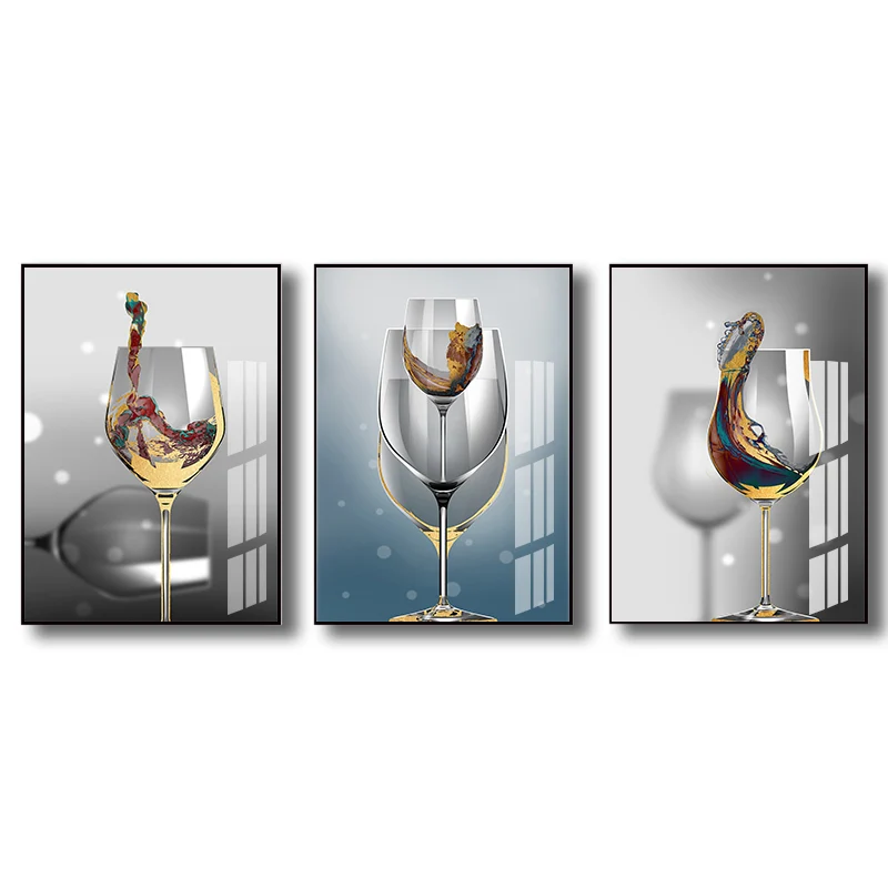 Stampa su tela moderna per la sala da pranzo, con bicchieri da vino, decorazione da parete, colore distinto, set di 3