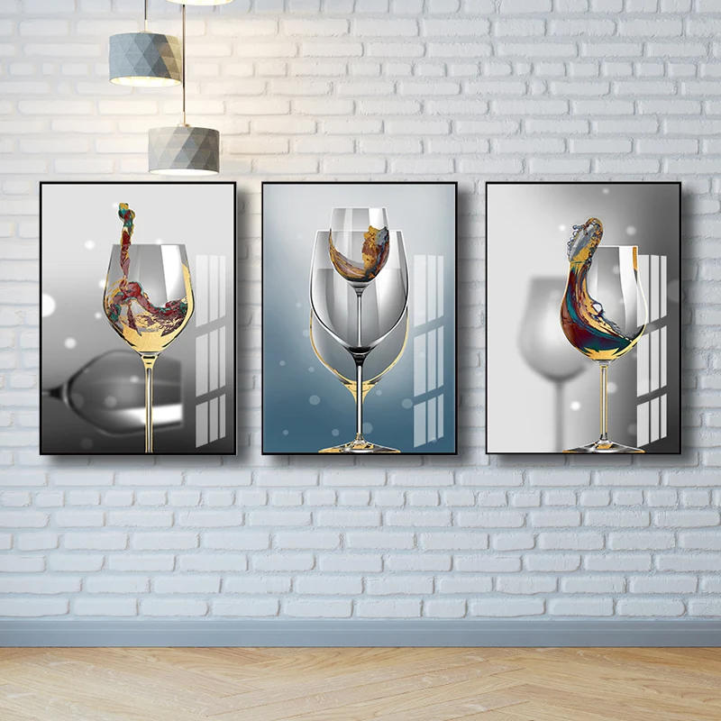 Stampa su tela moderna per la sala da pranzo, con bicchieri da vino, decorazione da parete, colore distinto, set di 3