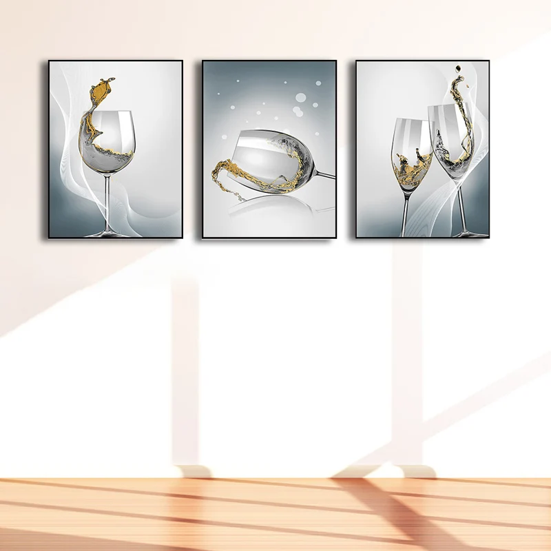 Stampa su tela moderna per la sala da pranzo, con bicchieri da vino, decorazione da parete, colore distinto, set di 3