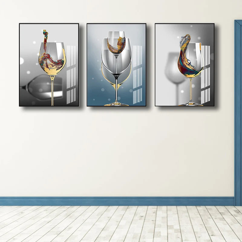 Stampa su tela moderna per la sala da pranzo, con bicchieri da vino, decorazione da parete, colore distinto, set di 3
